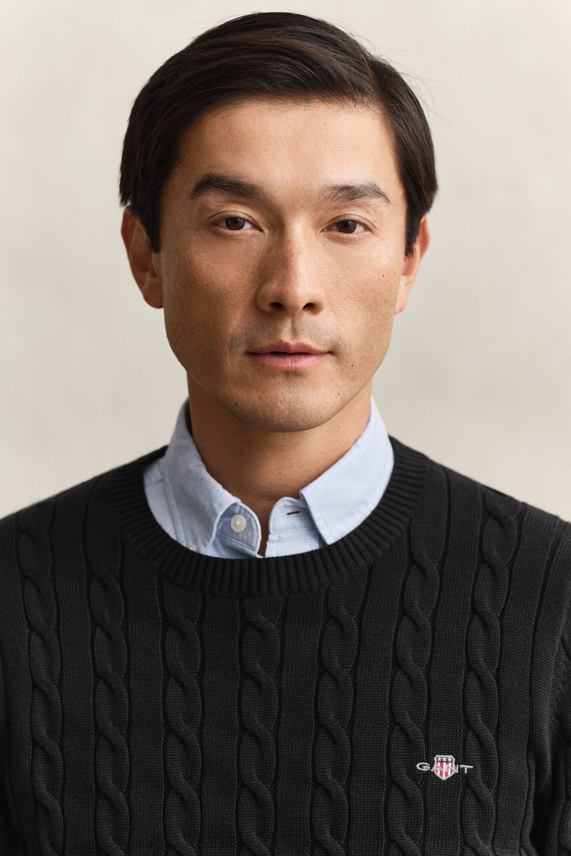 Kabelstickad bomullströja med rund hals