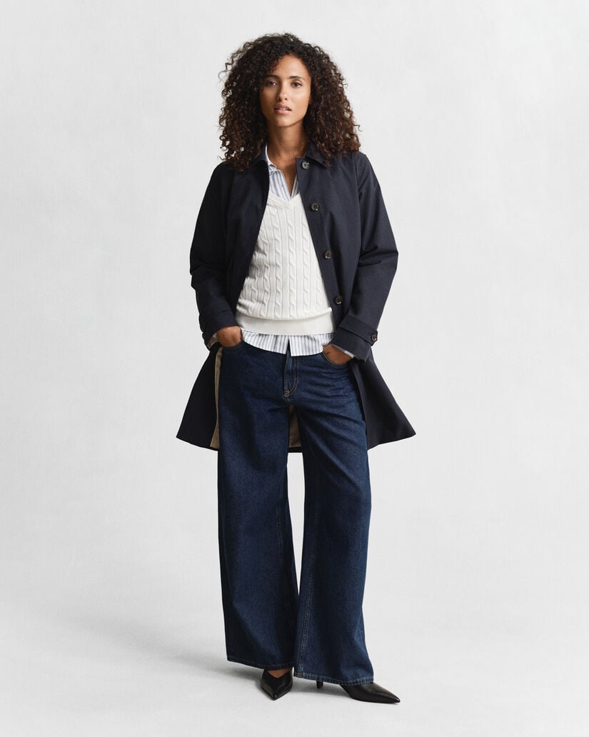 V-ringad kabelstickad tröja i bomullsstretch