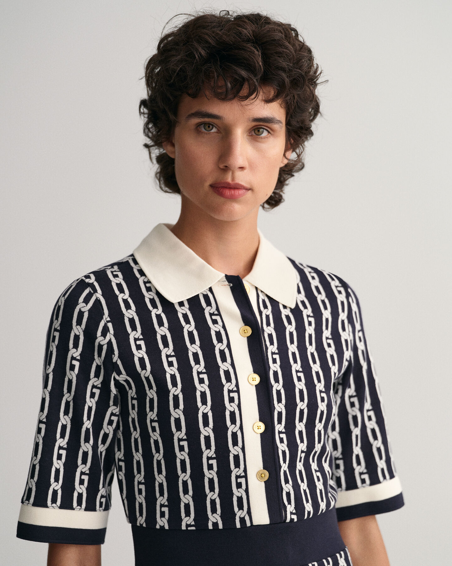 Chain Jacquard pikéklänning med halvlång ärm