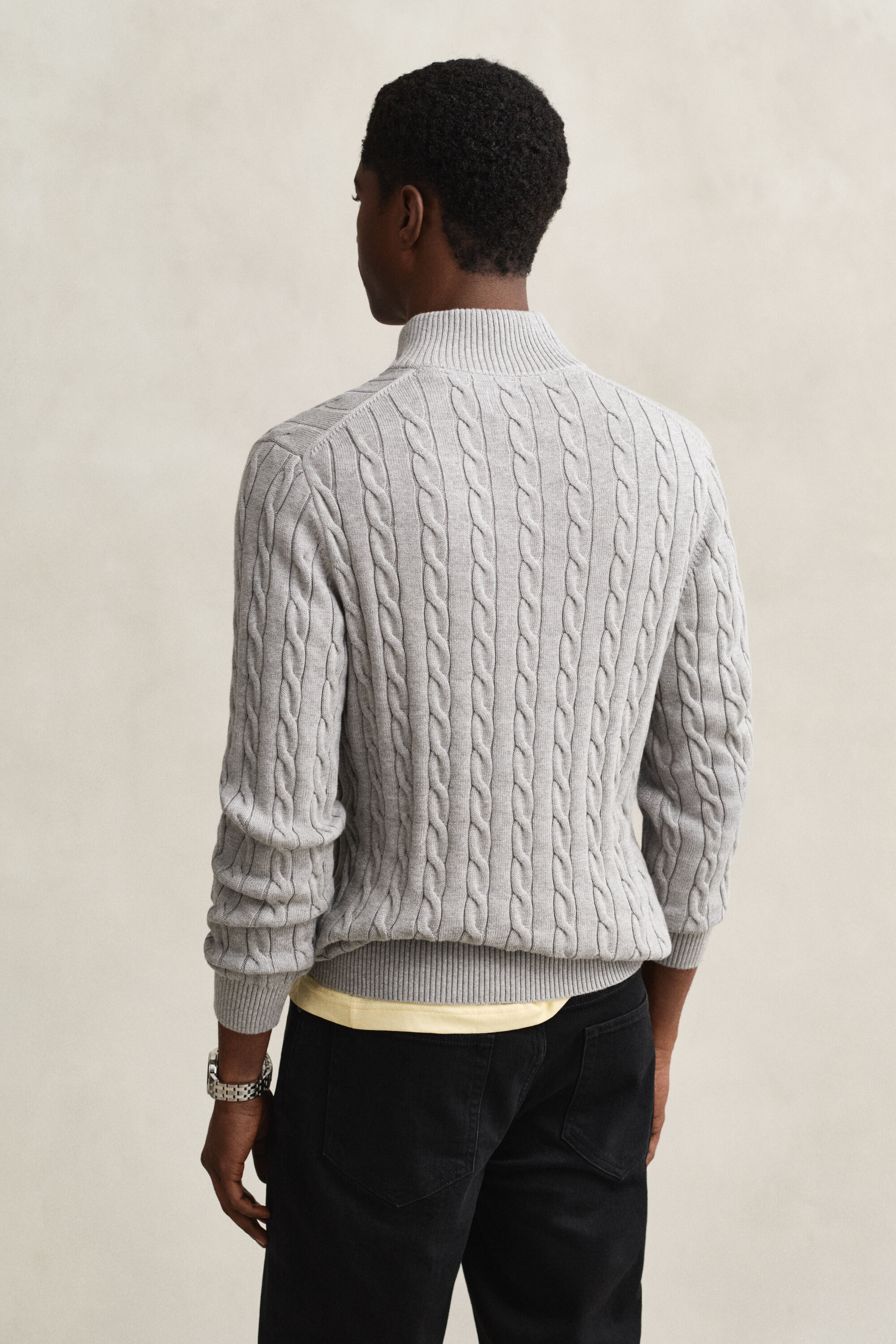 Kabelstickad bomullströja med half-zip