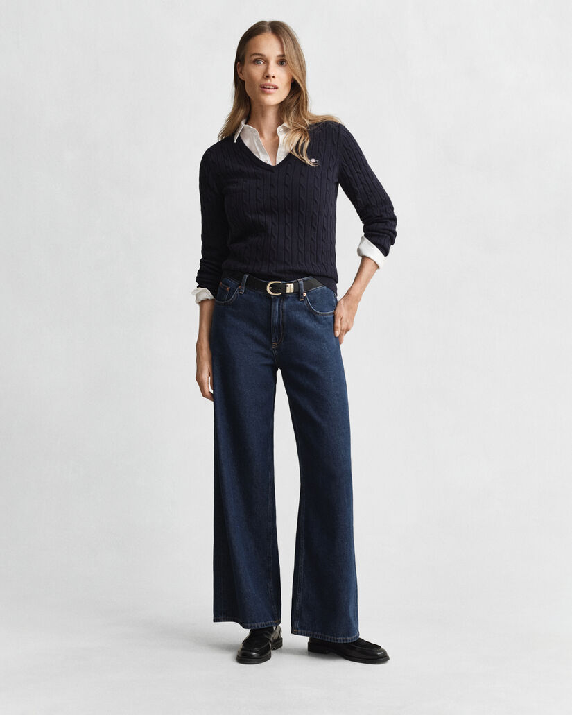 V-ringad kabelstickad tröja i bomullsstretch