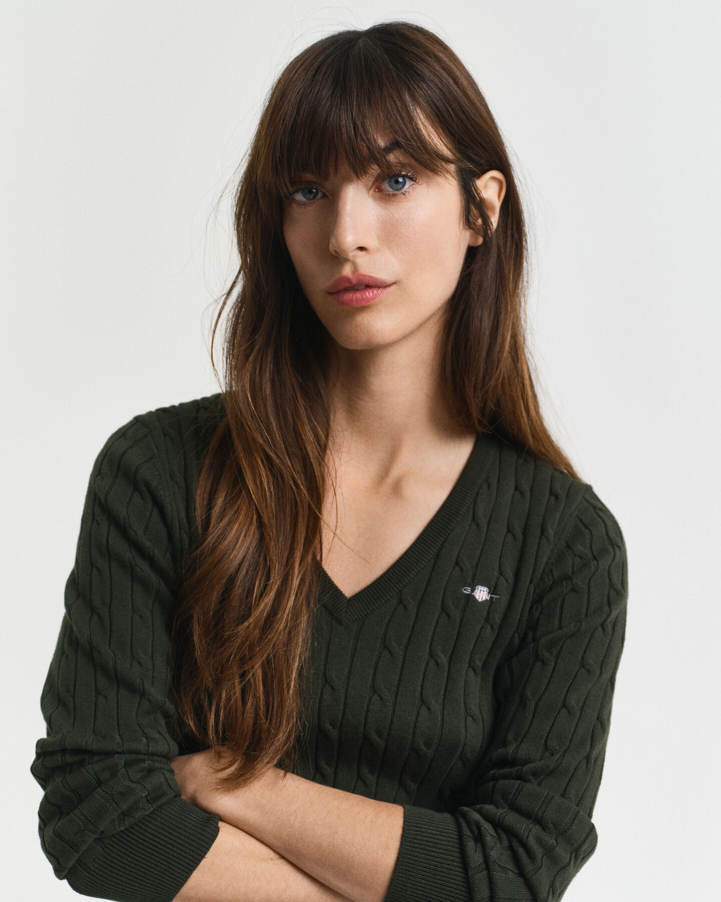 V-ringad kabelstickad tröja i bomullsstretch