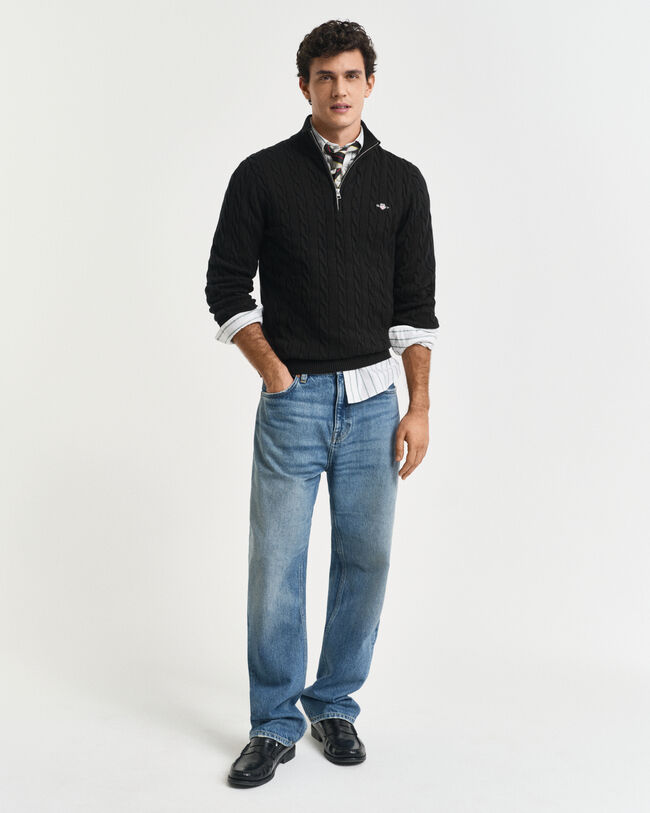 Kabelstickad bomullströja med dragkedja vid halsöppningen