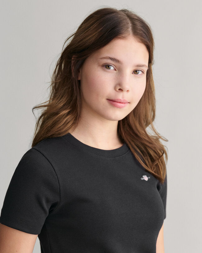 Teen Girls Shield ribbstickad T-shirt