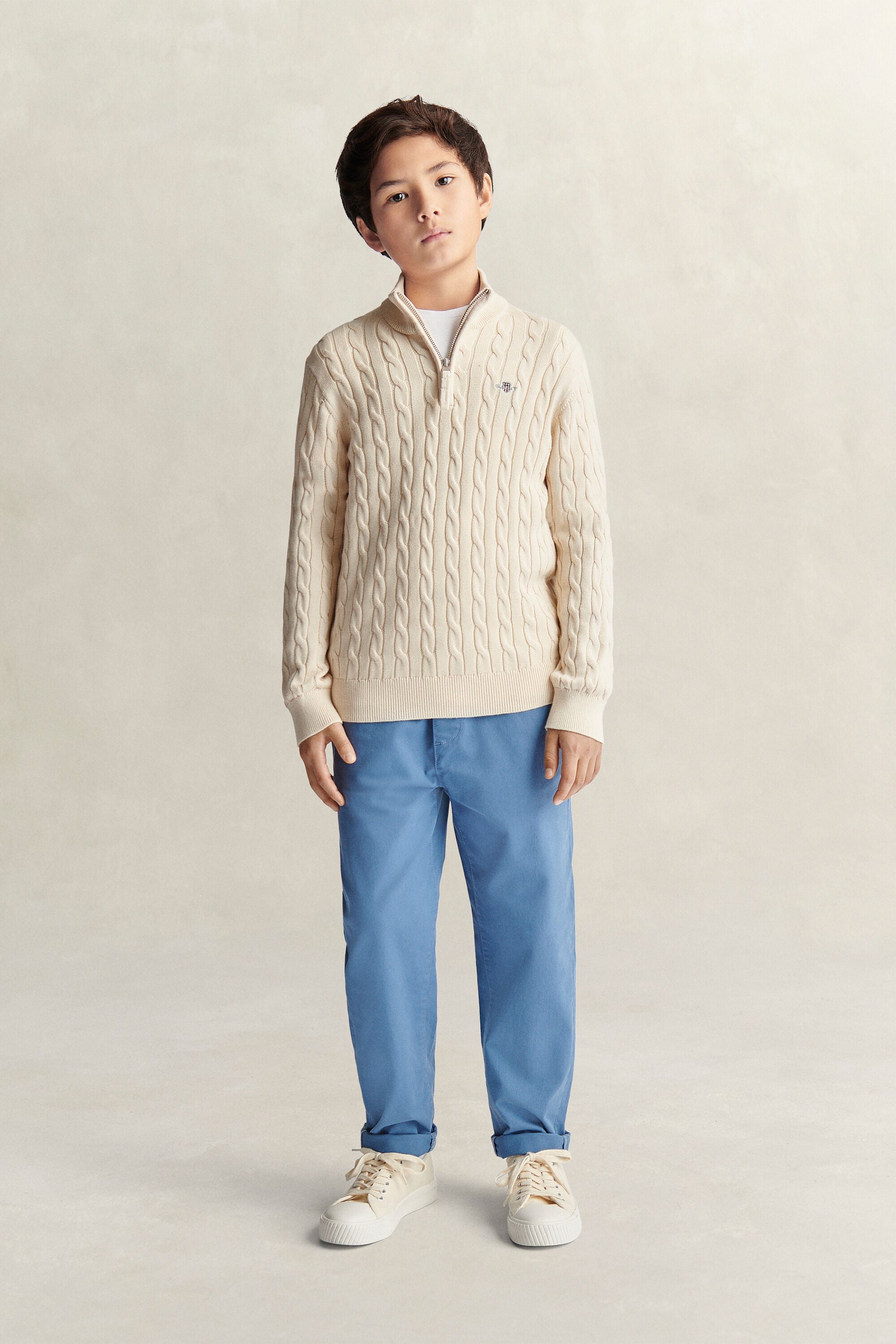 Teen Boys kabelstickad tröja med half-zip och sköldemblem