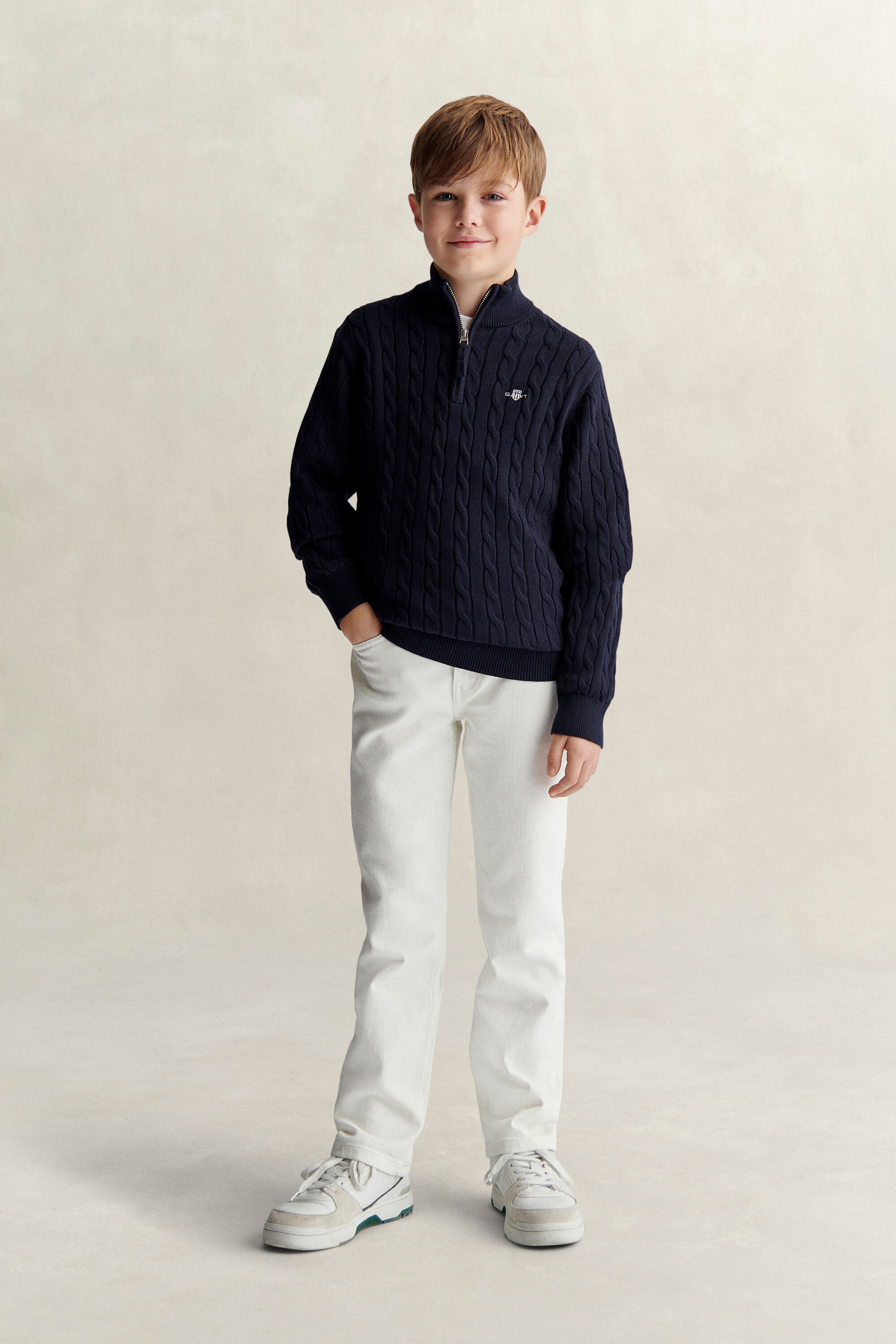 Teen Boys kabelstickad tröja med half-zip och sköldemblem
