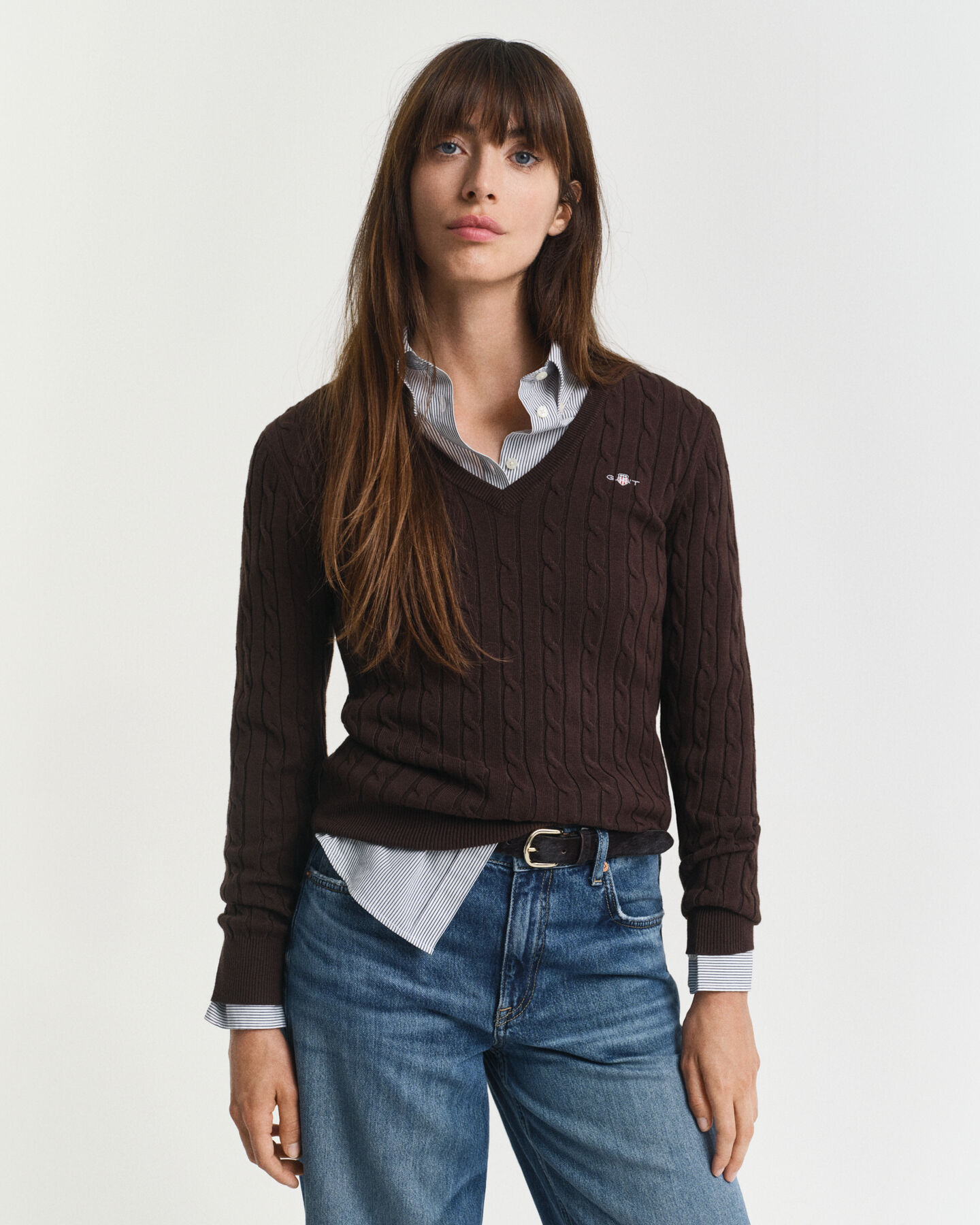 V-ringad kabelstickad tröja i bomullsstretch