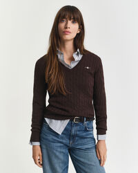 V-ringad kabelstickad tröja i bomullsstretch