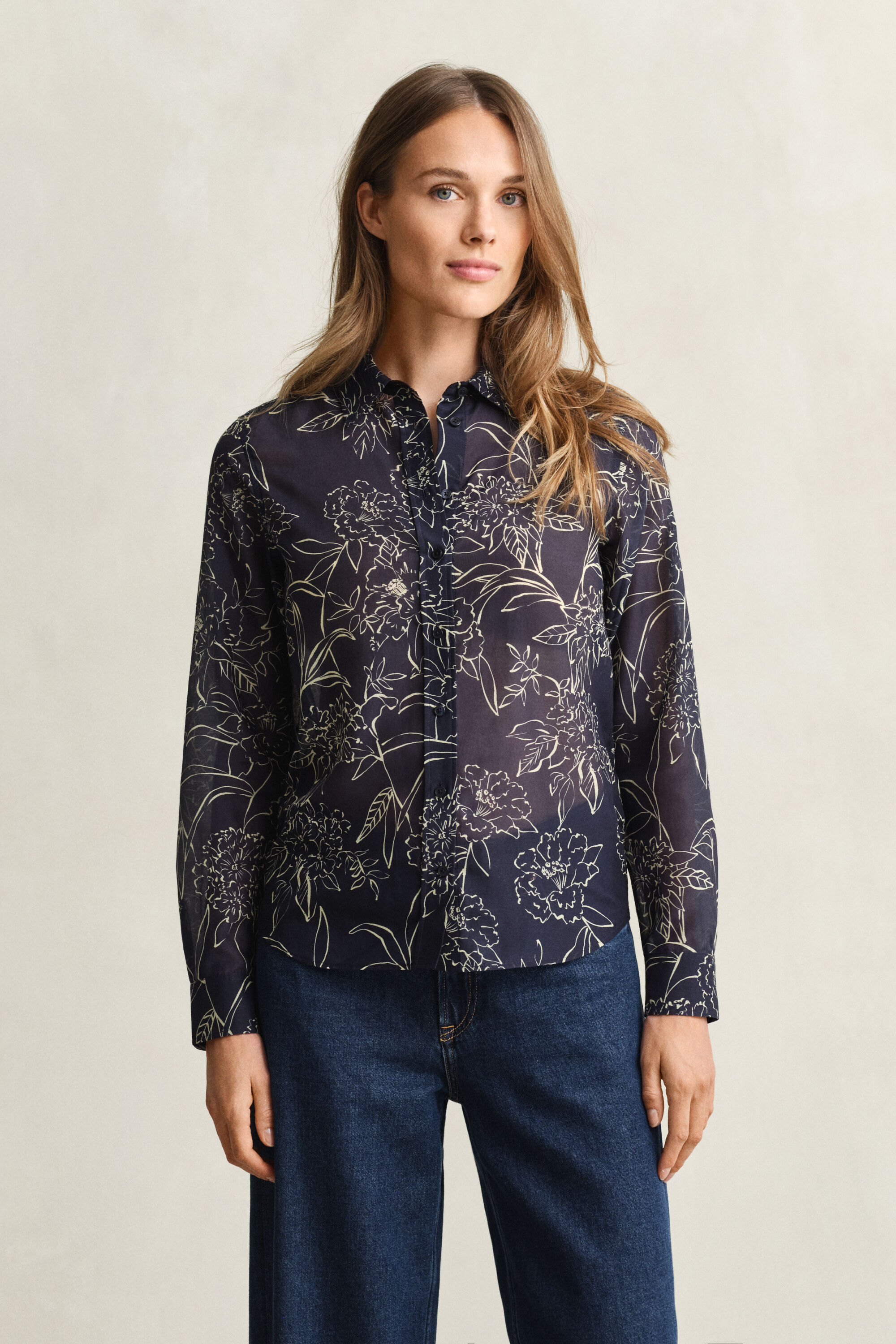 Regular fit blommig blus i bomull och silke
