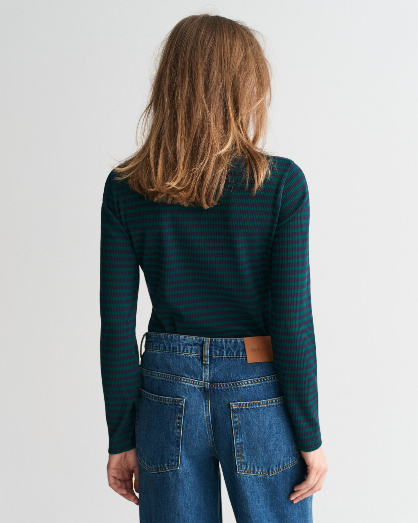 Randig ribbstickad polotröja med lång ärm