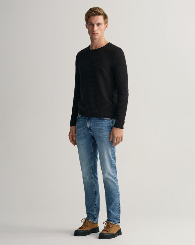 Crew neck tr&ouml;ja i bomull och linne med struktur