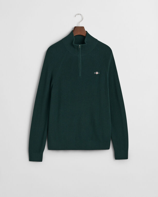 Ribbstickad tröja i bomull och ull med halv dragkedja