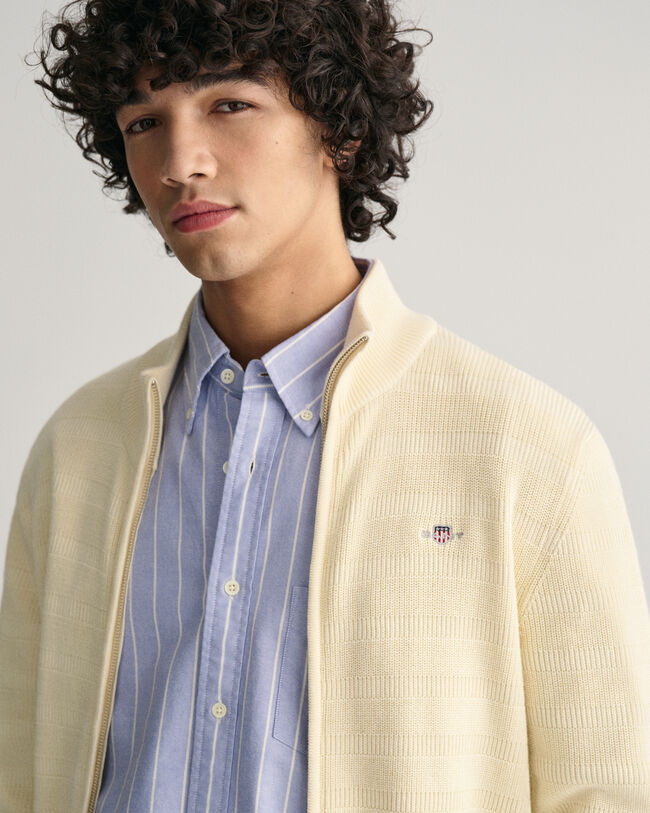 Randig bomullscardigan med struktur och dragkedja