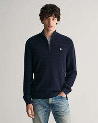 Randig bomullströja med struktur och halv dragkedja