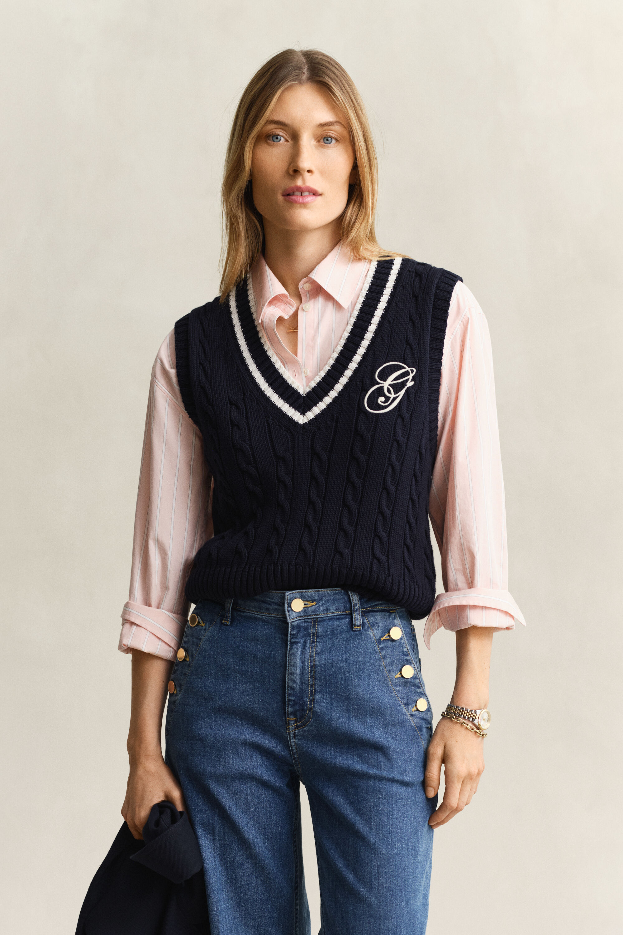 Kabelstickad bomullsväst