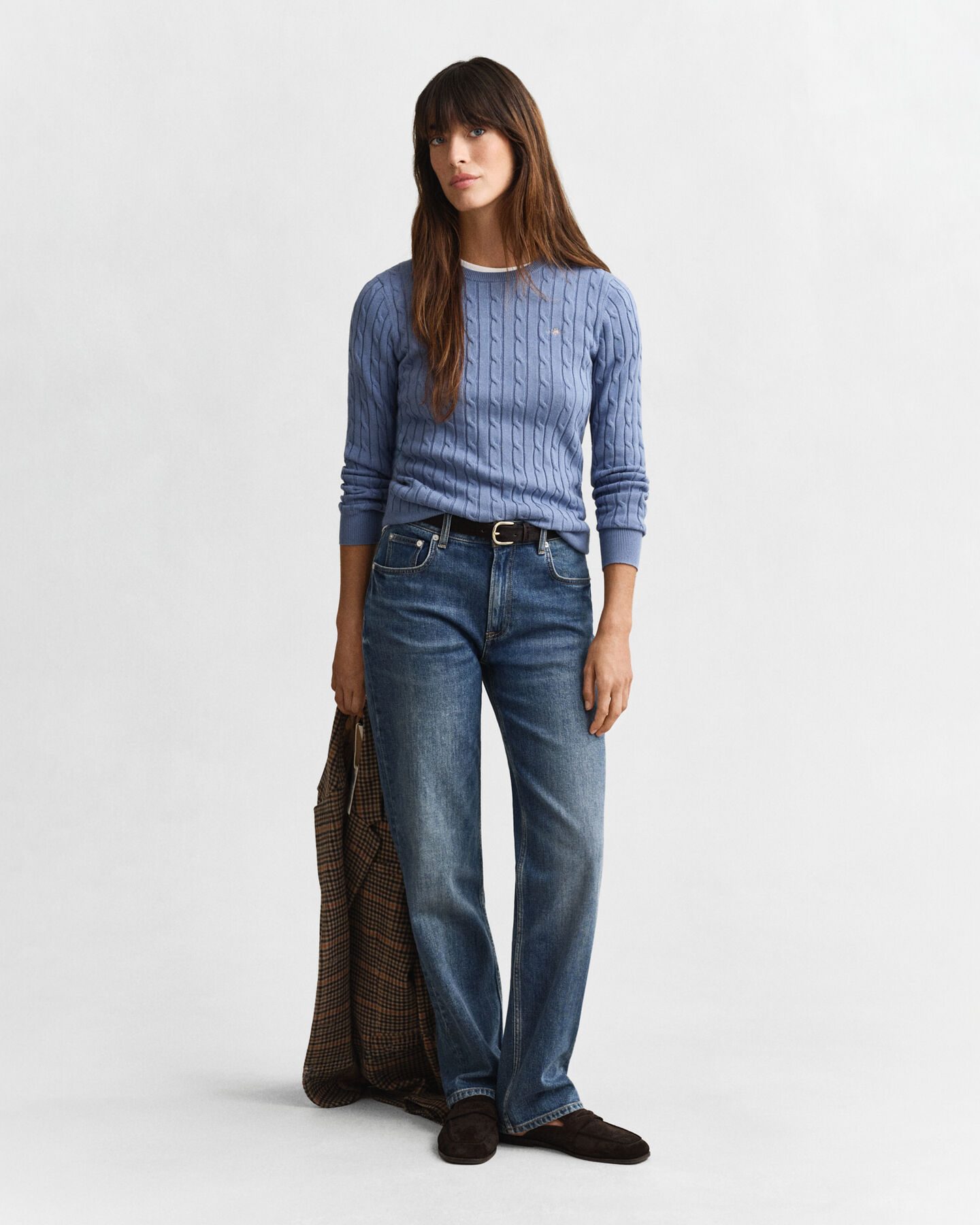 Kabelstickad tröja i bomullsstretch med rund hals