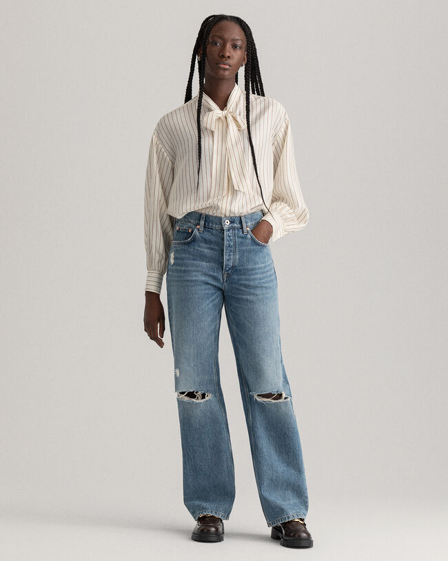 Kritstrecksrandig knytblus i siden