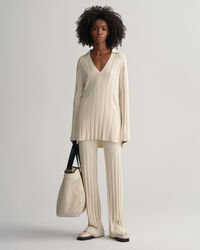 Ribbstickad tröja med öppen krage