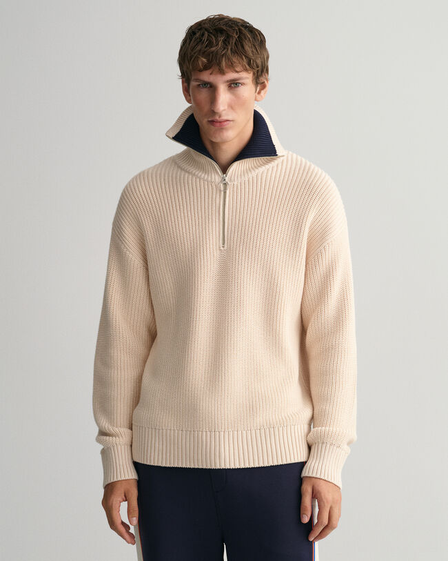 Ribbstickad half-zip tröja