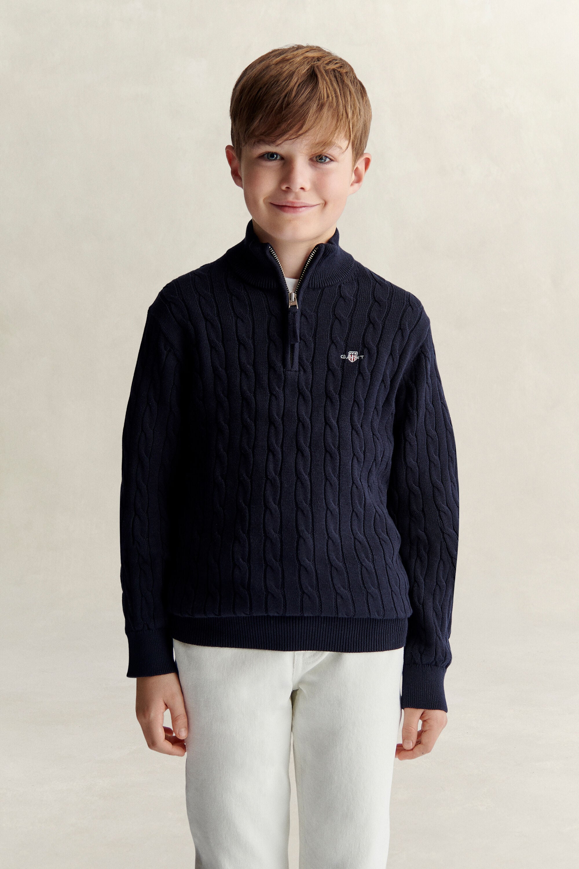 Teen Boys kabelstickad tröja med half-zip och sköldemblem