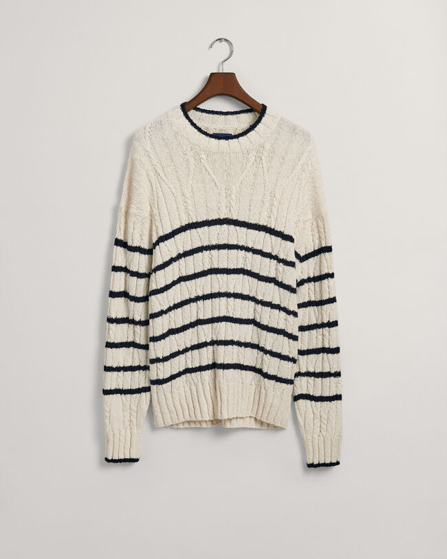 Randig kabelstickad crew neck tr&ouml;ja