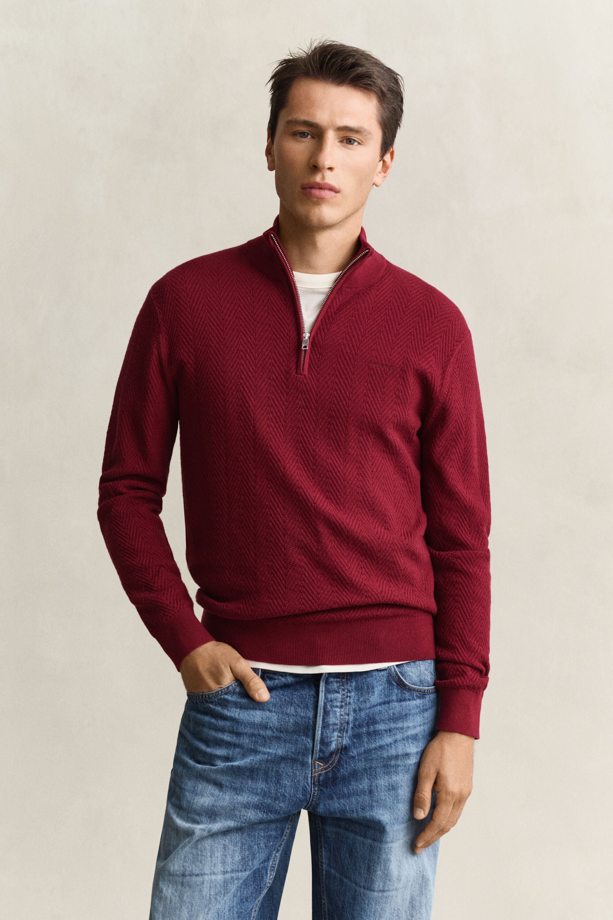 Fiskbensmönstrad half-zip tröja