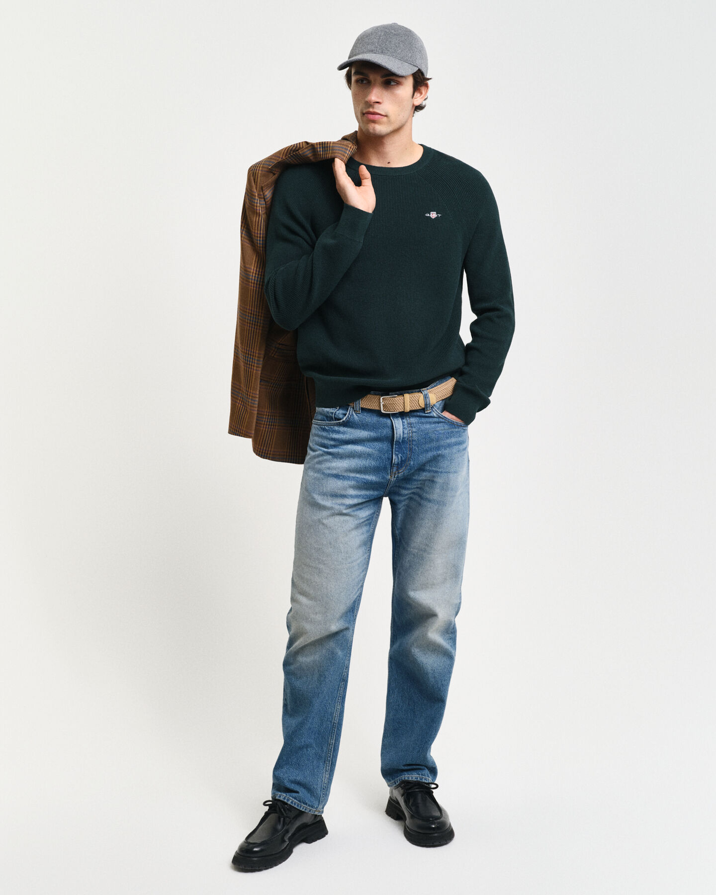 Ribbstickad rundhalsad tr&ouml;ja i ull och bomull