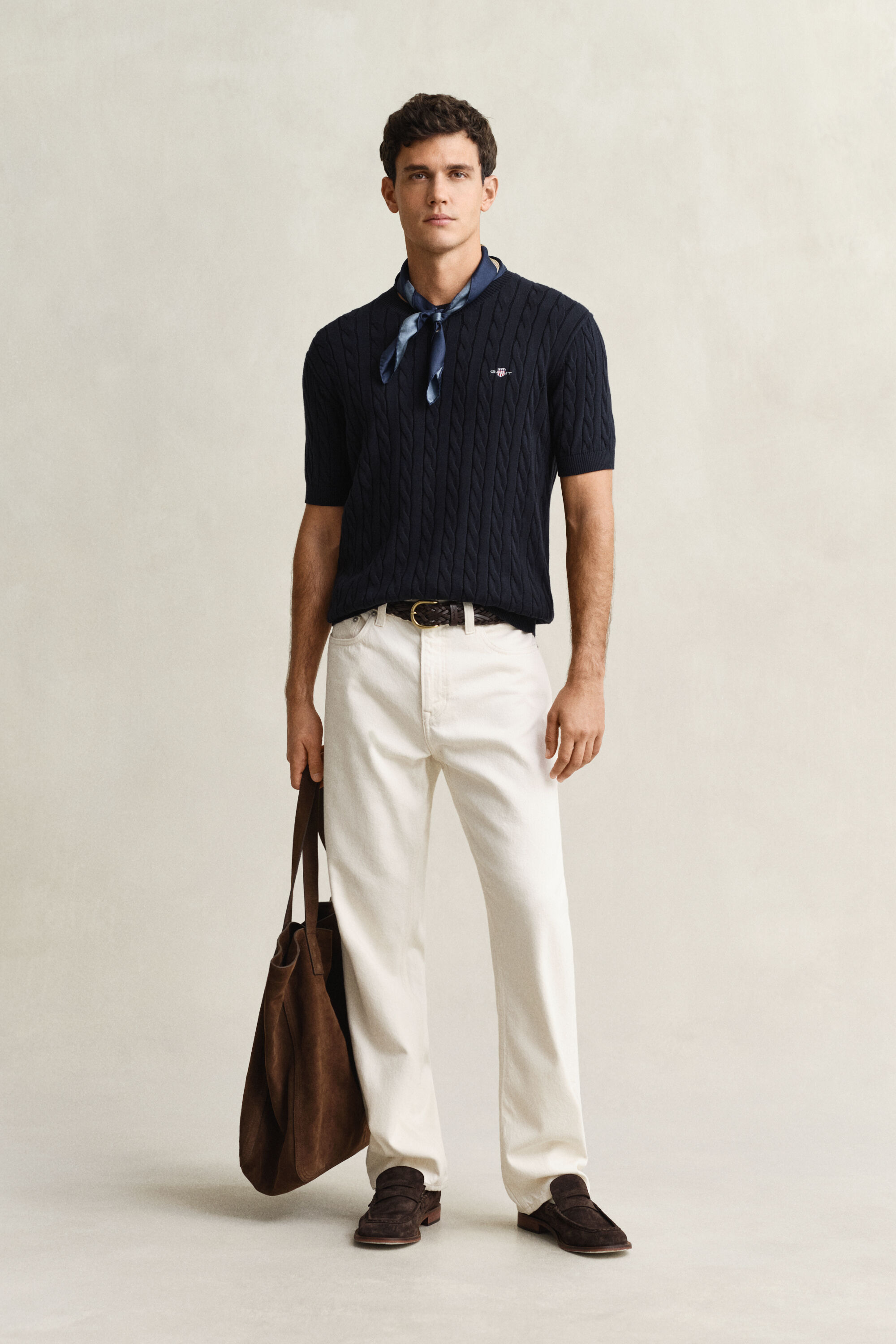 Kortärmad kabelstickad bomullströja