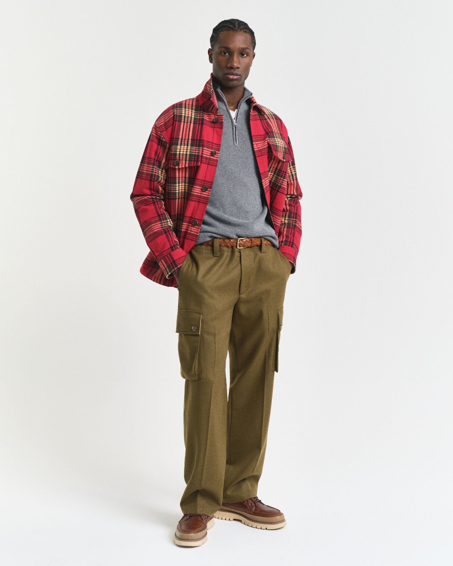 Ribbstickad tröja i bomull och merinoull med half-zip