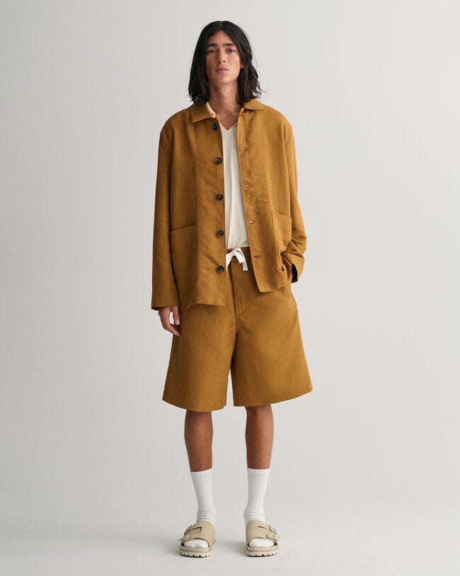 Shorts i bomull och linne med dragsko