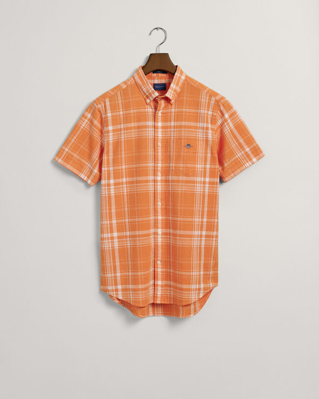 Regular fit rutig kort&auml;rmad skjorta bomull och linne