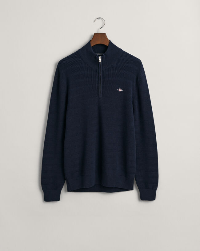 Randig bomullströja med struktur och halv dragkedja