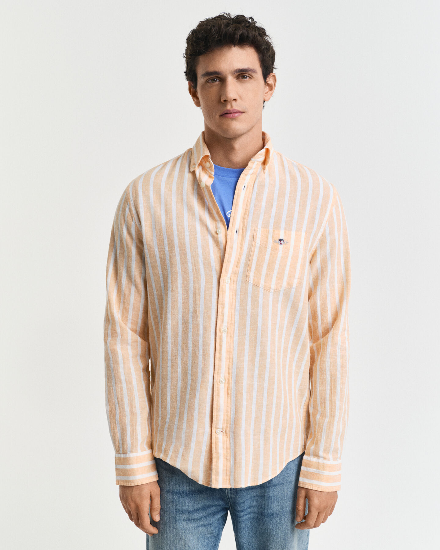 Regular fit randig skjorta i bomull och linne
