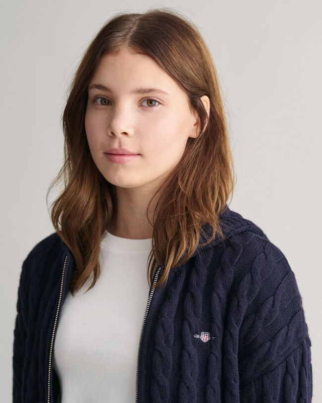 Teen Girls Shield cropped kabelstickad hoodie med dragkedja