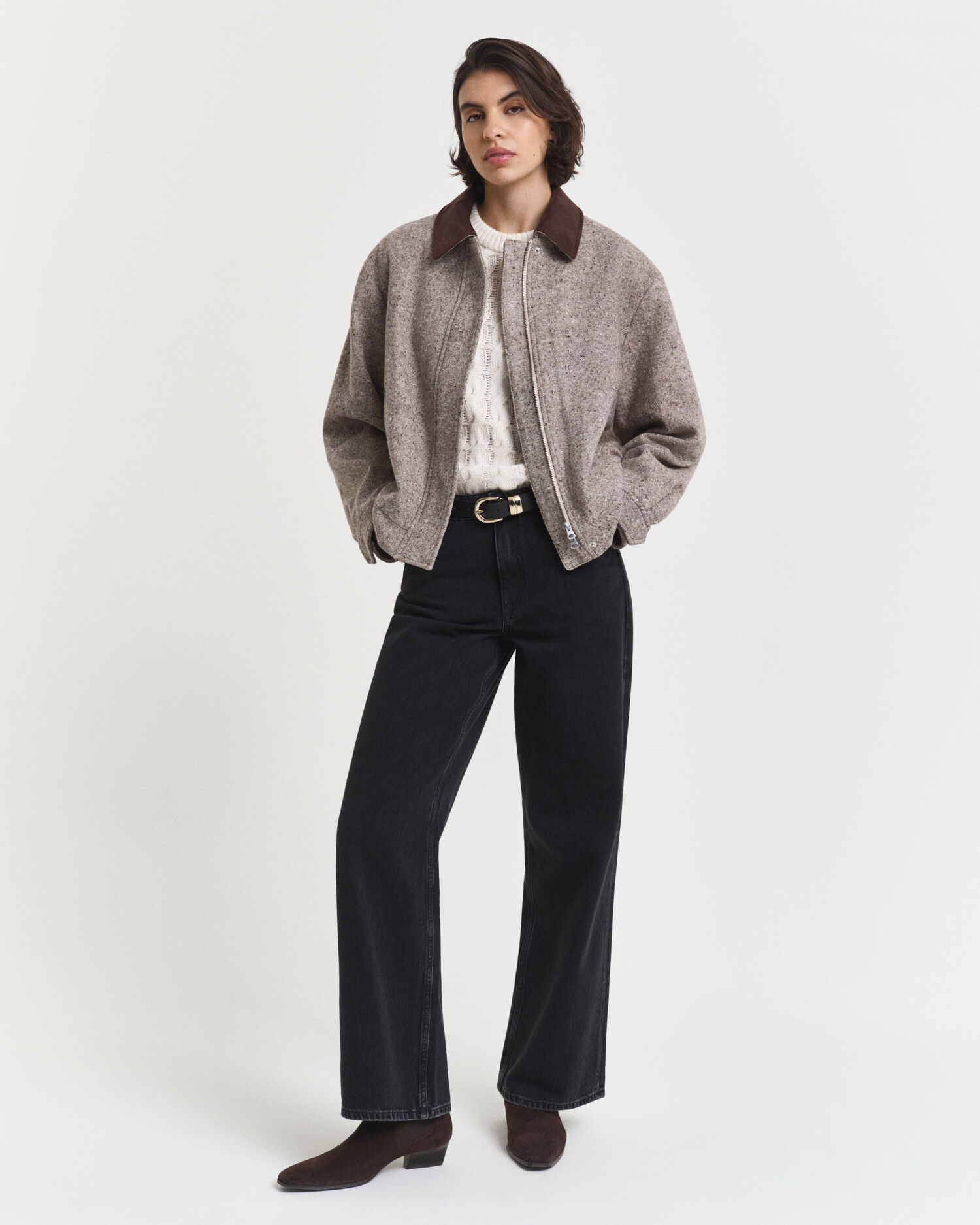 Kortärmad kabelstickad topp med puffärmar