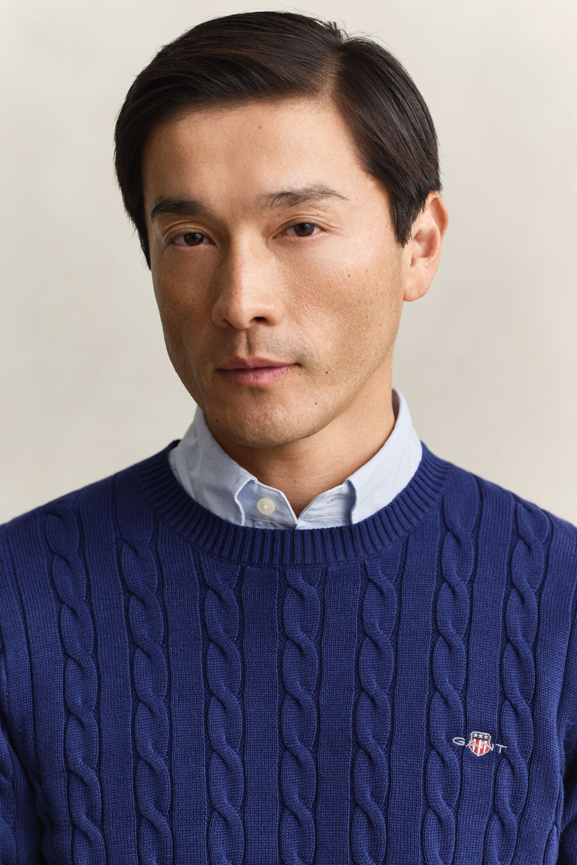 Kabelstickad bomullströja med rund hals