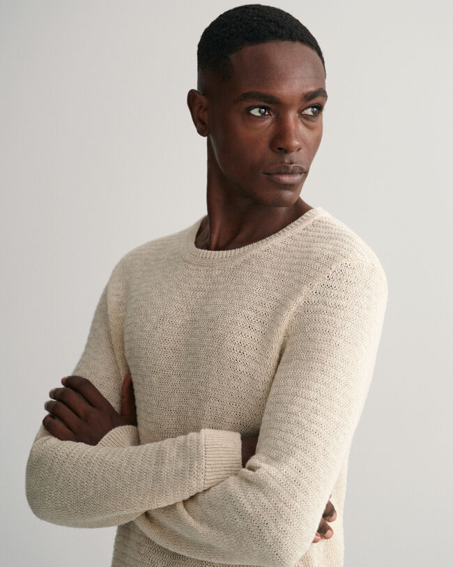 Crew neck tr&ouml;ja i bomull och linne med struktur