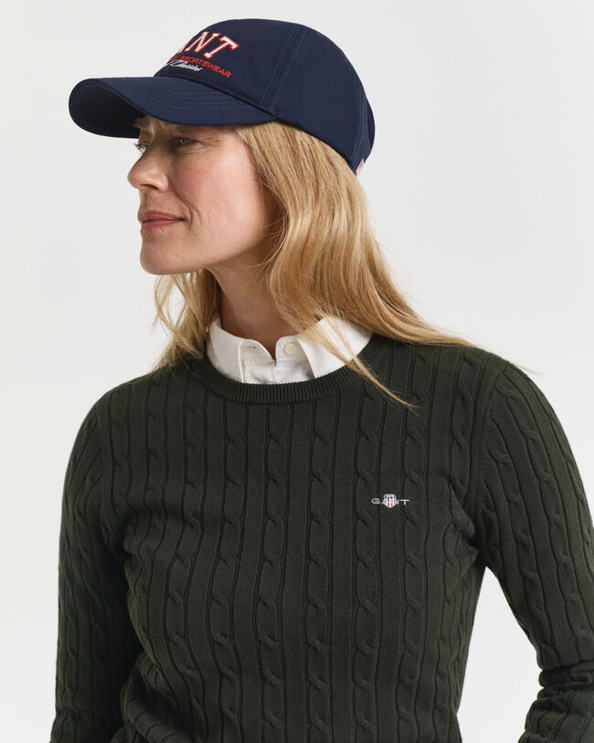 Kabelstickad tröja i bomullsstretch med rund hals