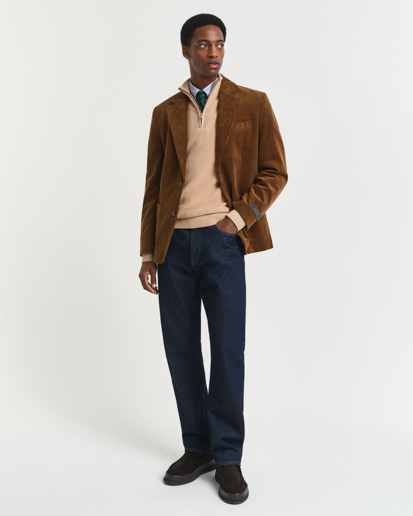 Ribbstickad tröja i bomull och merinoull med half-zip