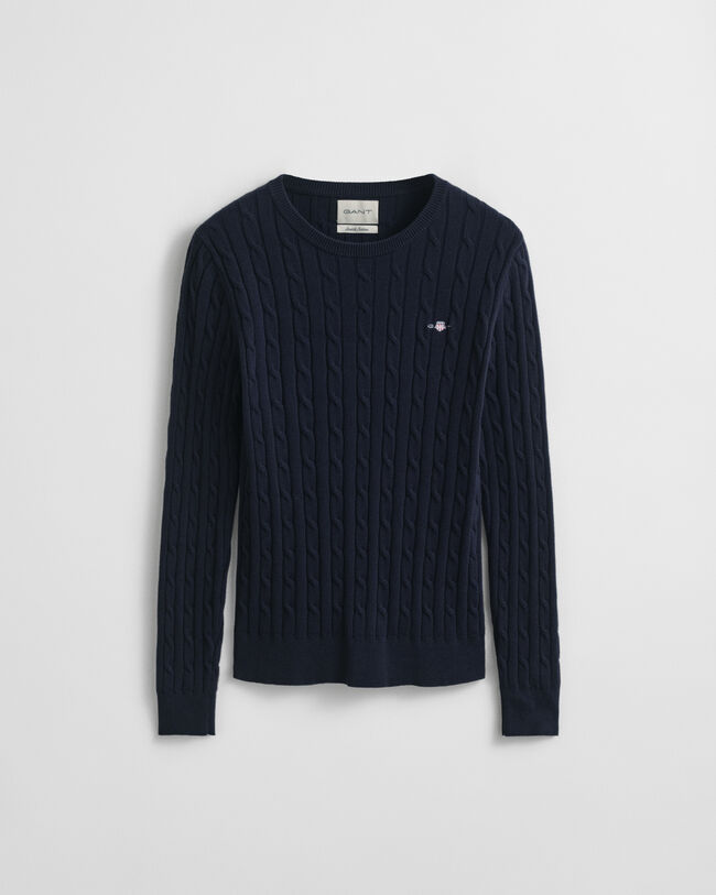 Kabelstickad tröja i bomullsstretch med rund hals