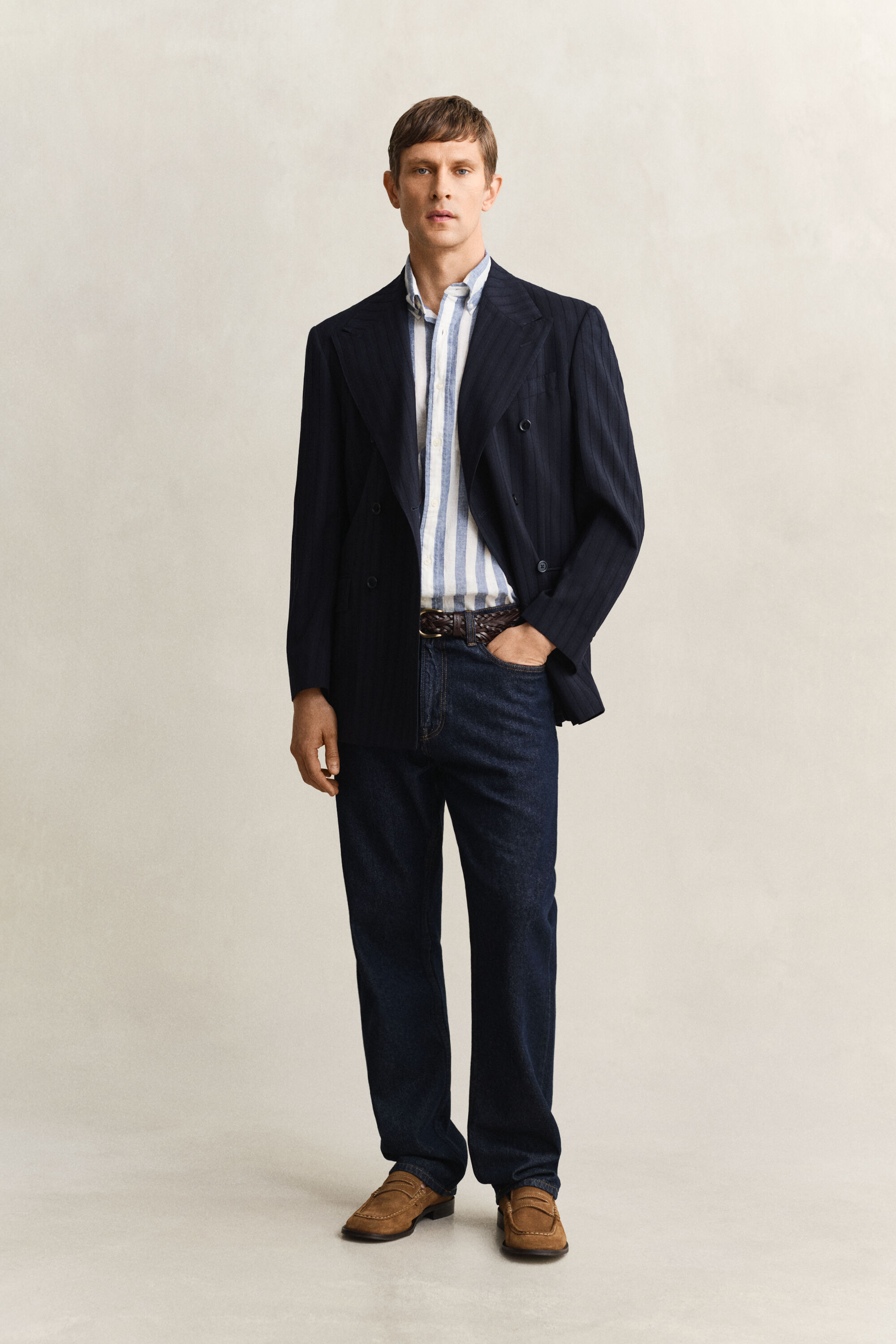 Randig kortärmad skjorta i linneblandning