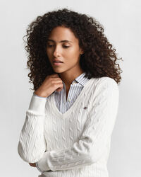 V-ringad kabelstickad tröja i bomullsstretch