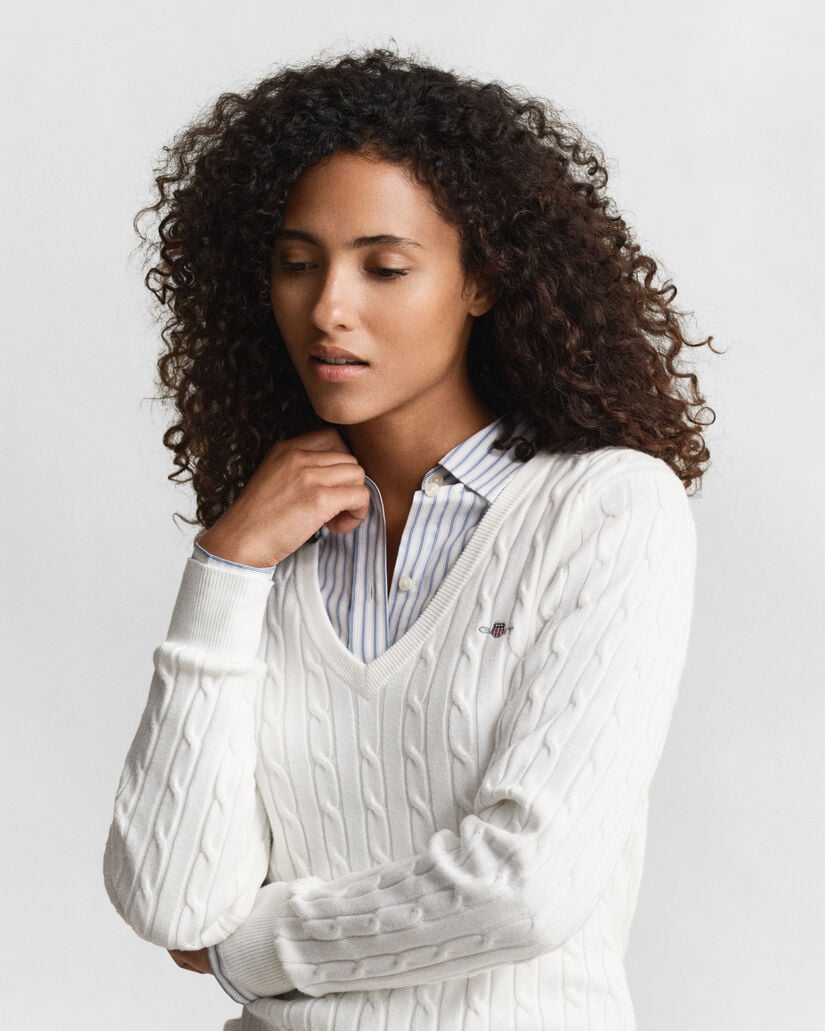 V-ringad kabelstickad tröja i bomullsstretch