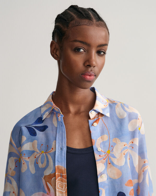 Regular fit blommig blus i bomull och silke