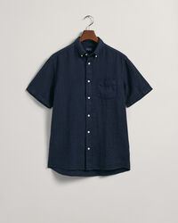 Regular fit plaggf&auml;rgad, kort&auml;rmad linneskjorta