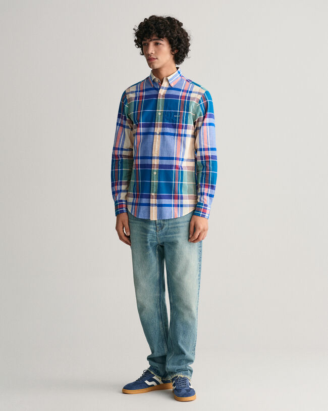 Regular fit Madrasrutig indigobl&aring; skjorta