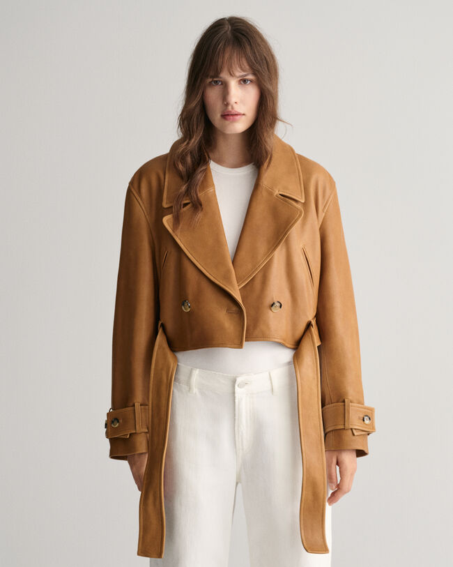 Cropped Leather Trench Jacket