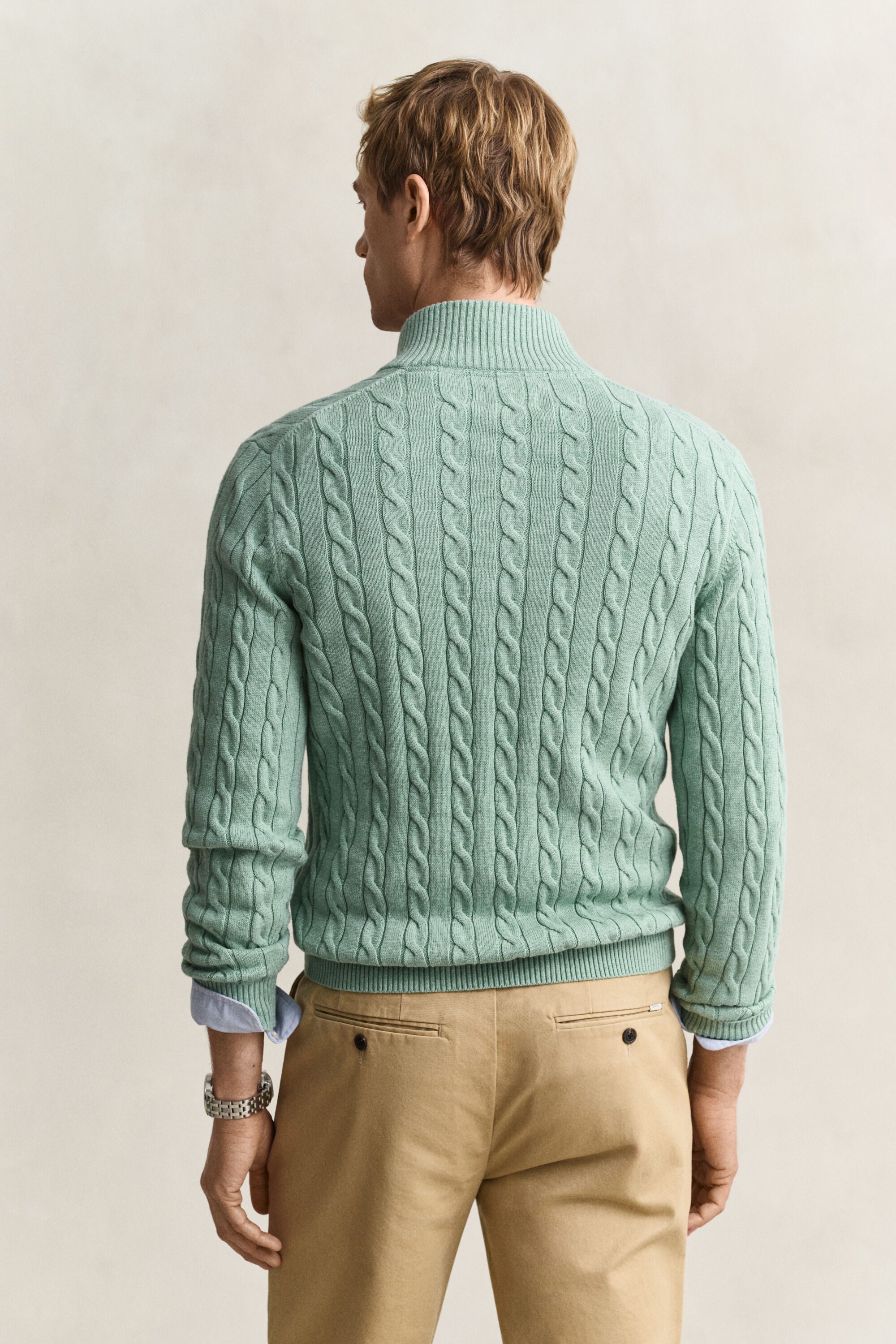 Kabelstickad bomullströja med half-zip