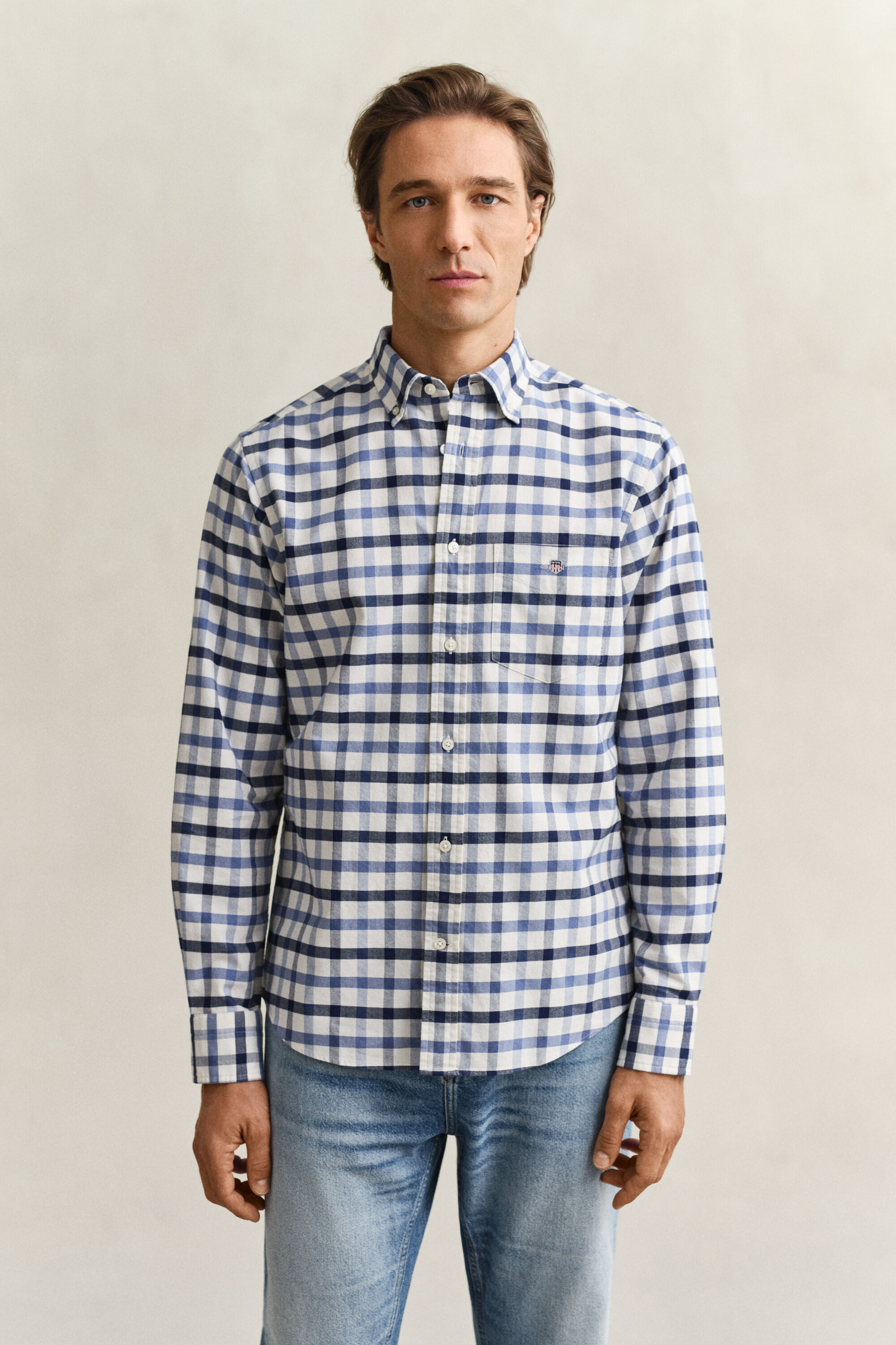 Regular fit rutig oxfordskjorta