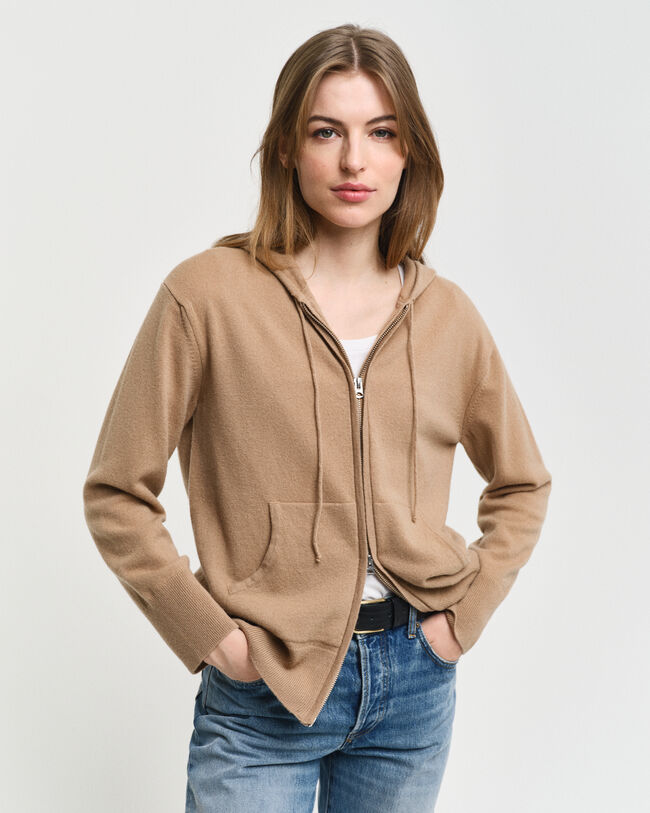 Hoodie i superfin lammull med dragkedja